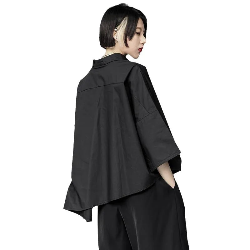 2025 Women Shirt Three Quarter Sleeve Blouse Irregular Hem Single breasted Solid Color Loose Lapel Summer Spring Shirt Top
