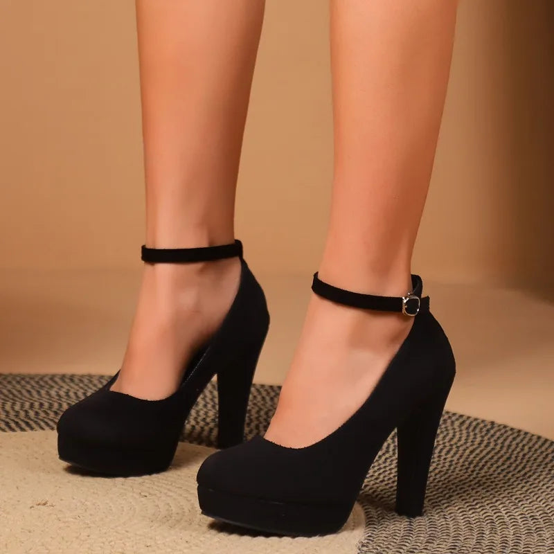 RBB Large Size 42 Sexy Super High Heels Women’s Ankle Buckle Chunky Platform Pumps — Black Flock Square Heel Party Shoes