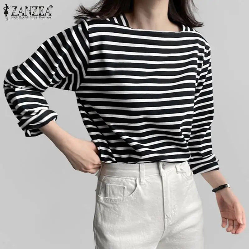 ZANZEA Fashion Striped Blouse Women Elegant Square Neck Long Sleeve Tops Spring Casual Work OL Shirt Female Party Tops Chemise