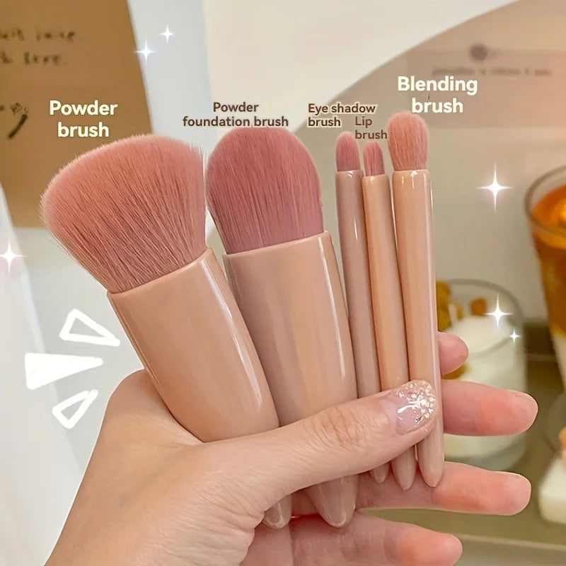 Portable Makeup Brush Kit – 5 Pcs with Foldable Mirror