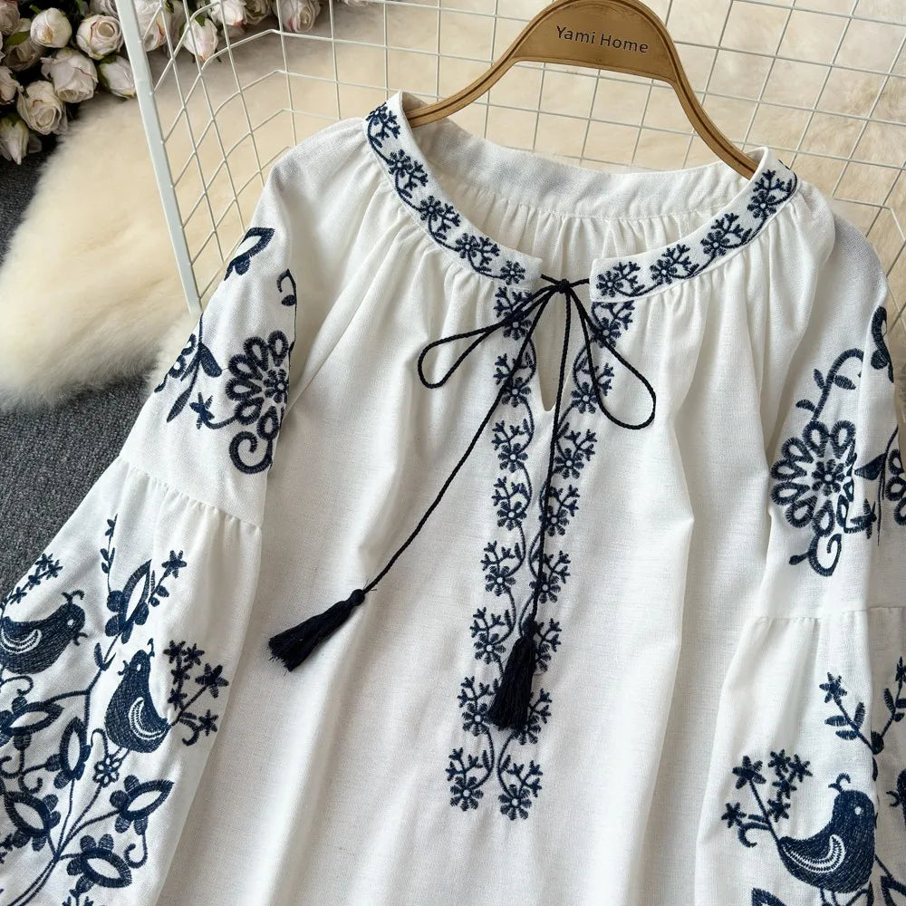 RBB Women's Retro Ethnic Embroidered Shirt – Style Loose Long Sleeve Blouse