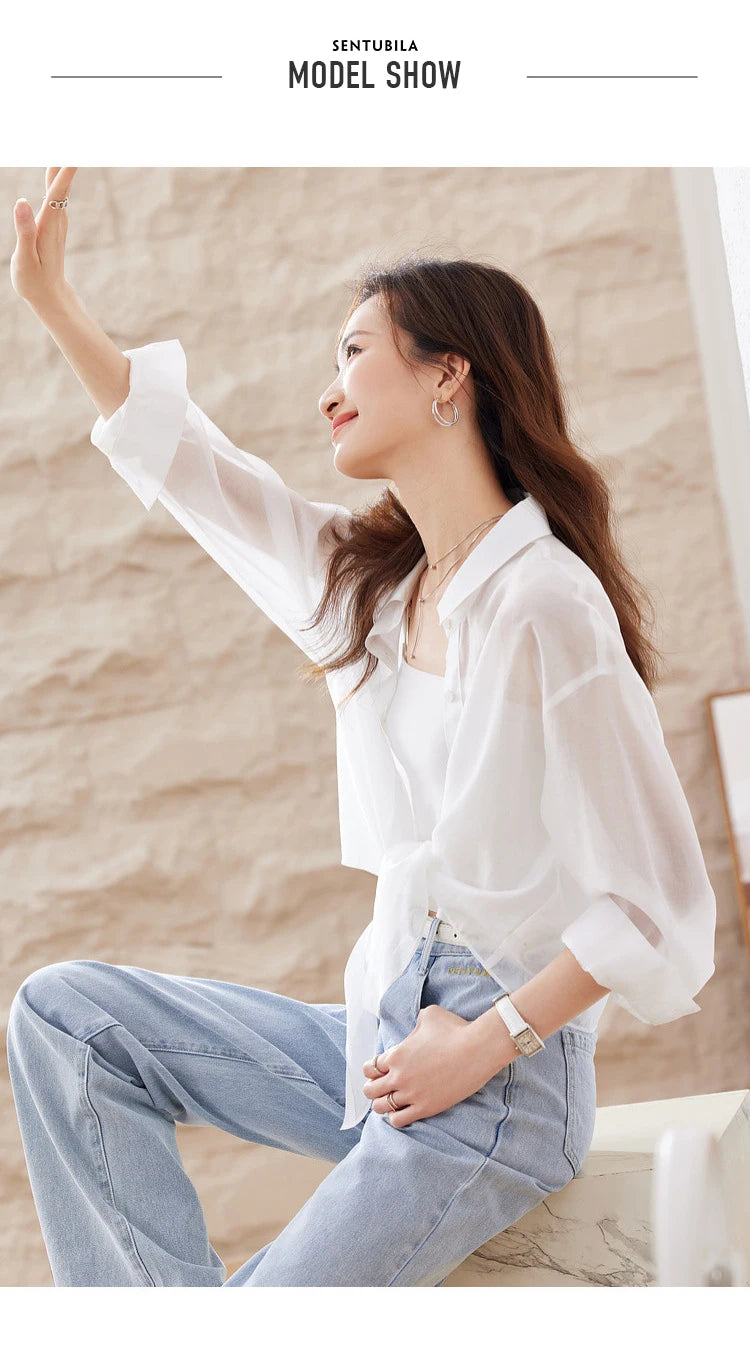 SENTUBILA Sheer Knot Shirts Women 2025 Elegant Casuals Long Drop Sleeve Button Up Shirts & Blouses Female Clothes 132C48674