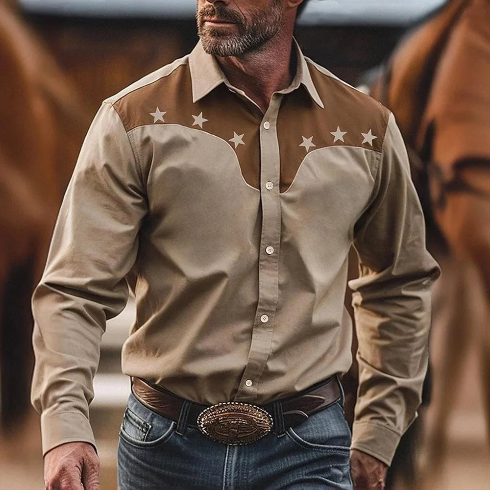 RBB Men’s Yellowstone Western Denim Shirt – Two-Tone Patchwork, Casual Long Sleeve