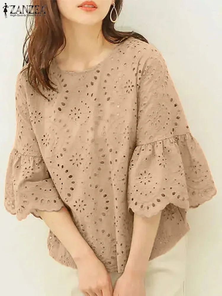 ZANZEA Fashion Summer 3/4 Sleeve Hollow Out Blouse Women Elegant Lace Crochet Tops Casual Loose Embroidery Shirt Work Blusas