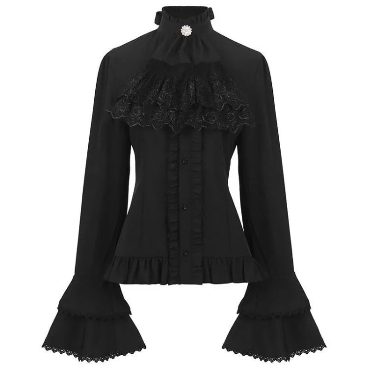 2025 New American Retro Pleated Shirts Women Spring Black Bottoming Blusas De Mujer Slim Fit Flare Sleeve Gothic Blouses