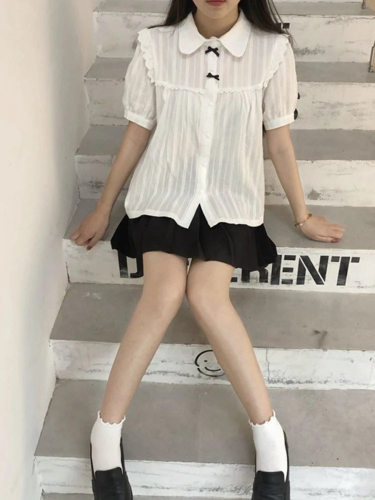 Kawaii White Lolita Lace Blouse Women Gothic Preppy Style Vintage Peter Pan Collar Short Sleeve Shirt Girl Summer Cute Top Mujer