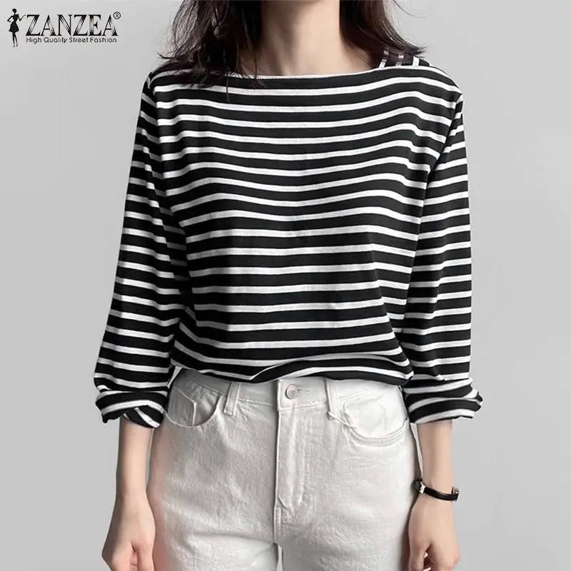 ZANZEA Fashion Striped Blouse Women Elegant Square Neck Long Sleeve Tops Spring Casual Work OL Shirt Female Party Tops Chemise