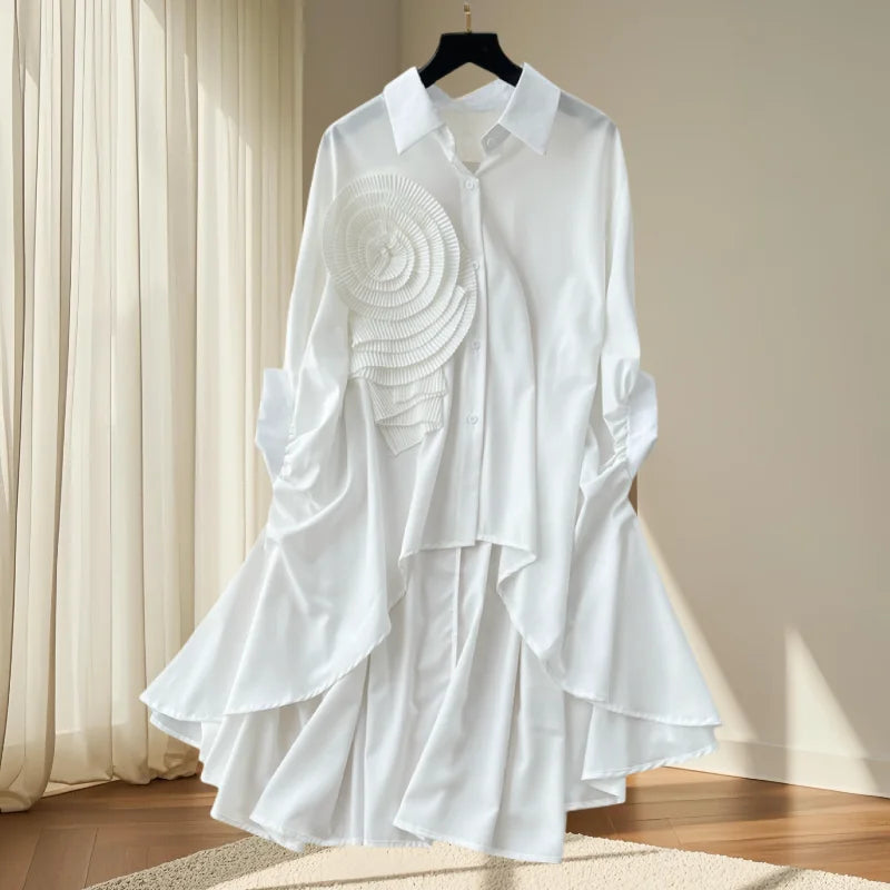 2025,New,European,Clothes,Loose,Blouse,Chic,Turndown Collar,Irregular,Three-dimensional flowers,Women,Batwing Sleeve,Tops,41293