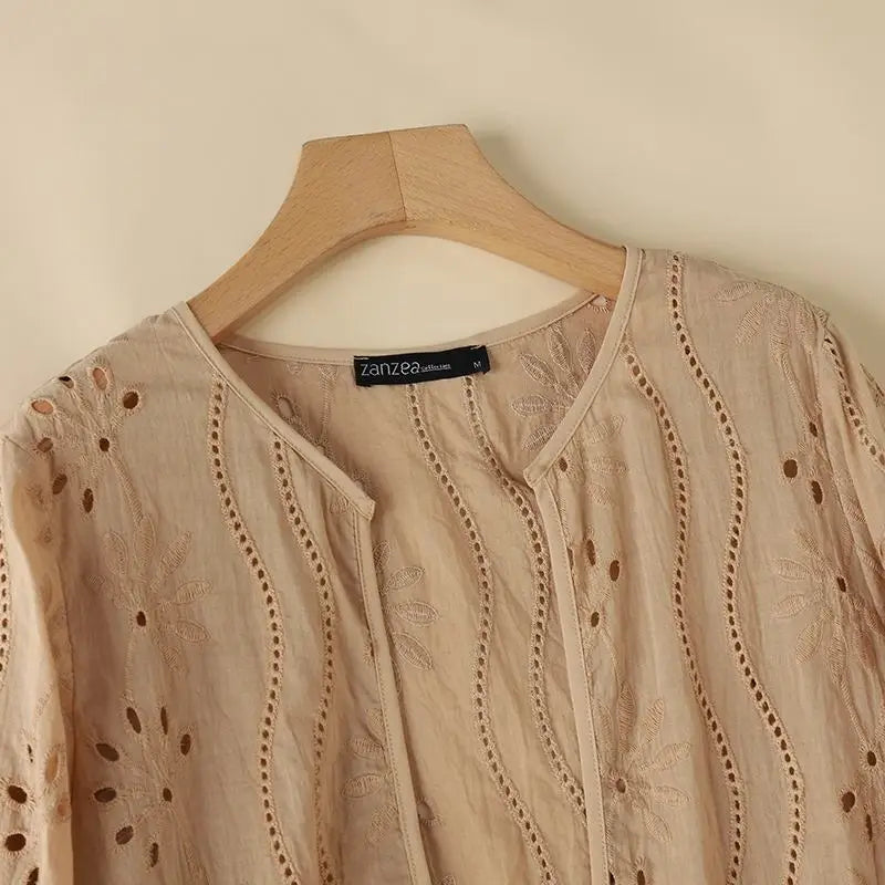 ZANZEA Women Fashion Hollow Out Embroidered Cardigan Shirts Autumn 2025 Elegant 3/4 Sleeve Kimonos Casual Holiday Cover-up Tops