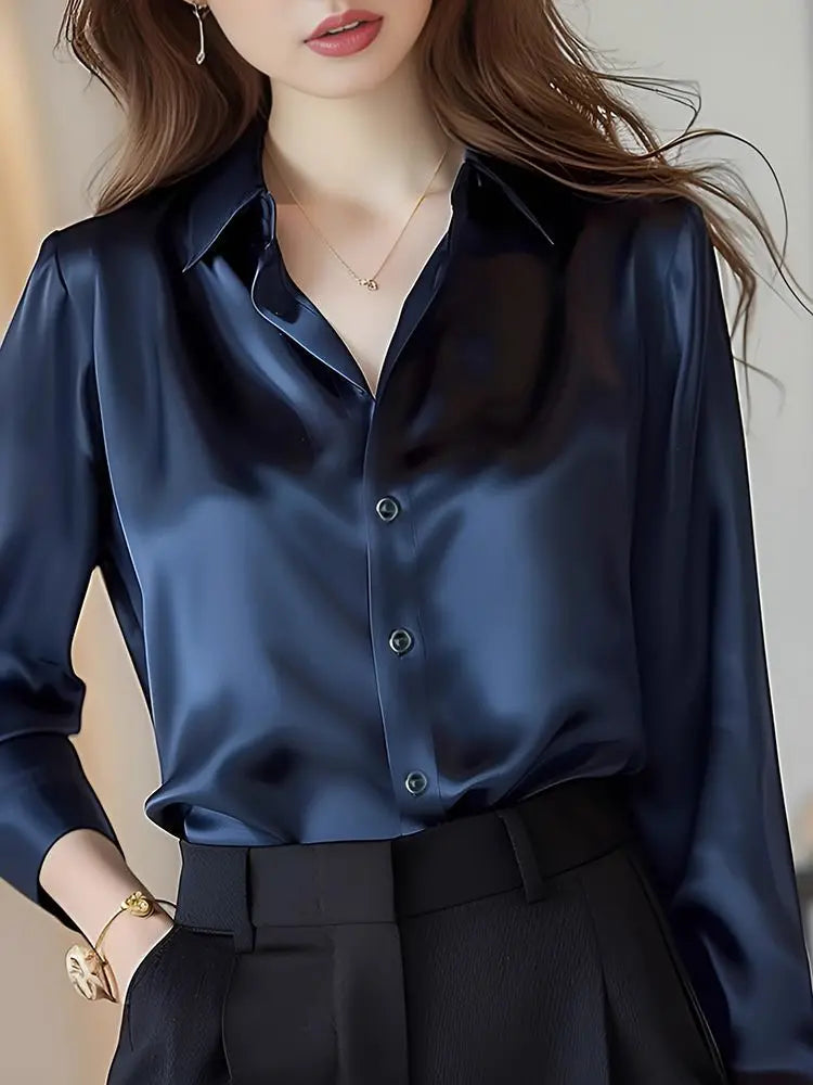 Elegant Silk Office Shirts Women Korean Fashion Y2k Clothes Slim Long Sleeve White Black Blusas Mujer Workwear Tops and Blouses