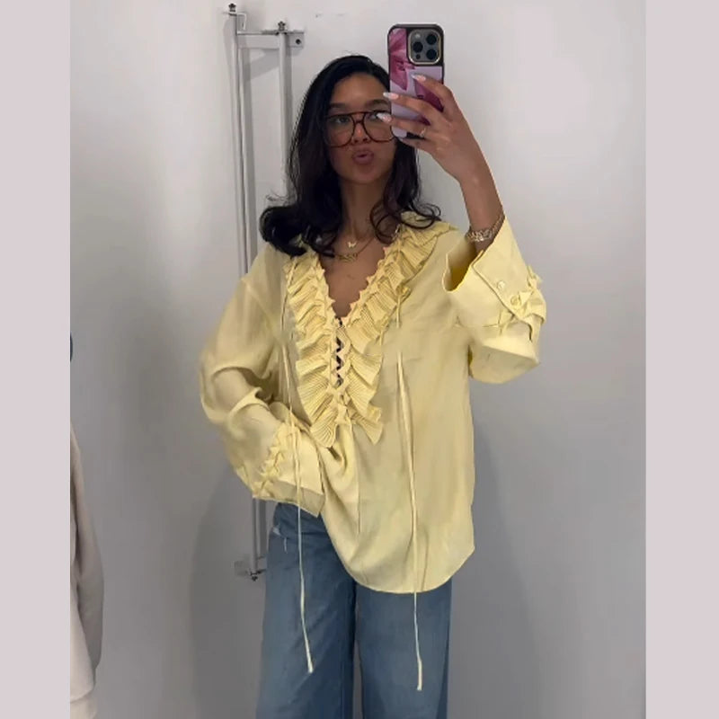 Women Casual Yellow Ruffles Tops Fashion V Neck Lace Up Long Sleeve Loose T Shirt 2025 Summer Lady High Street Commute Clothing