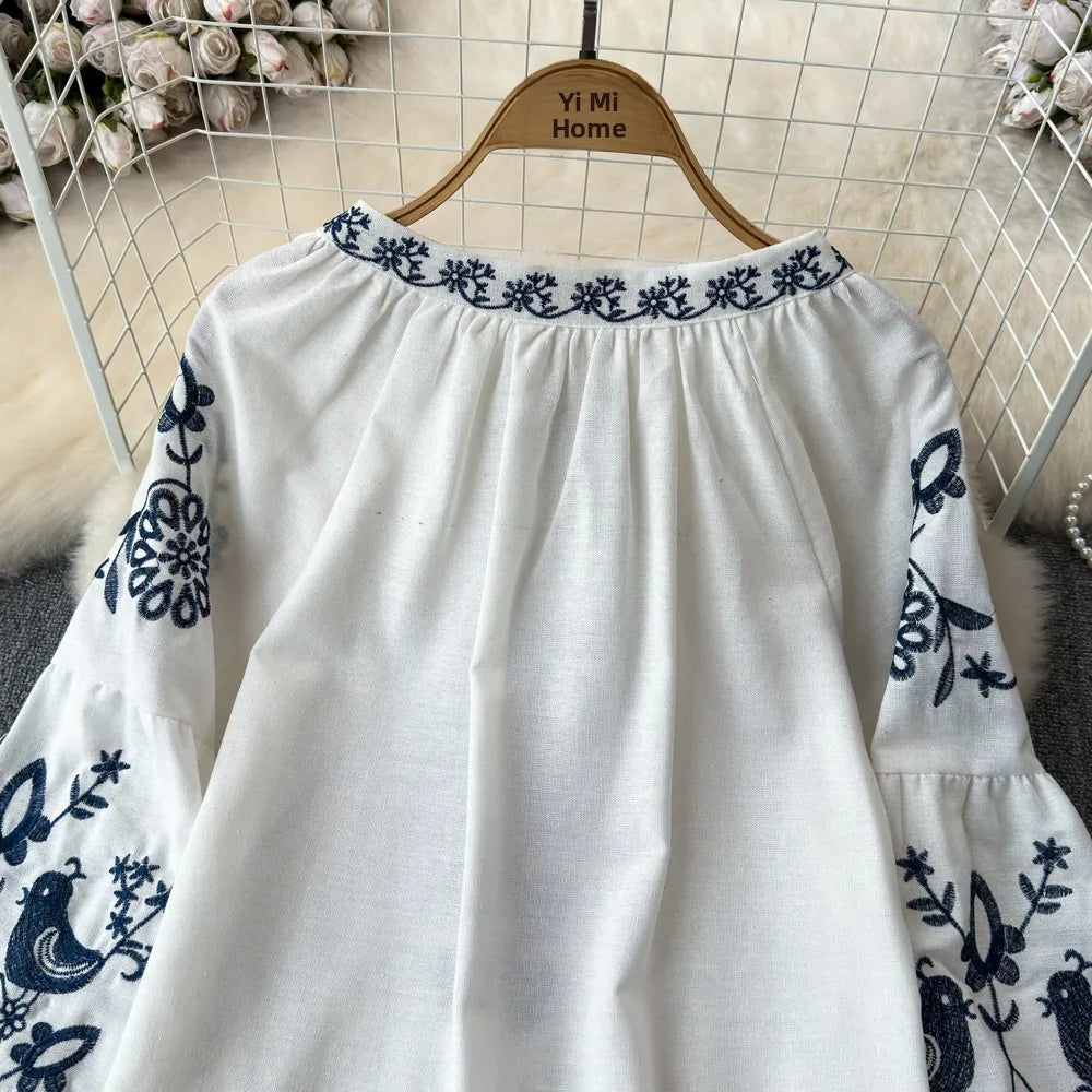 RBB Women's Retro Ethnic Embroidered Shirt – Style Loose Long Sleeve Blouse