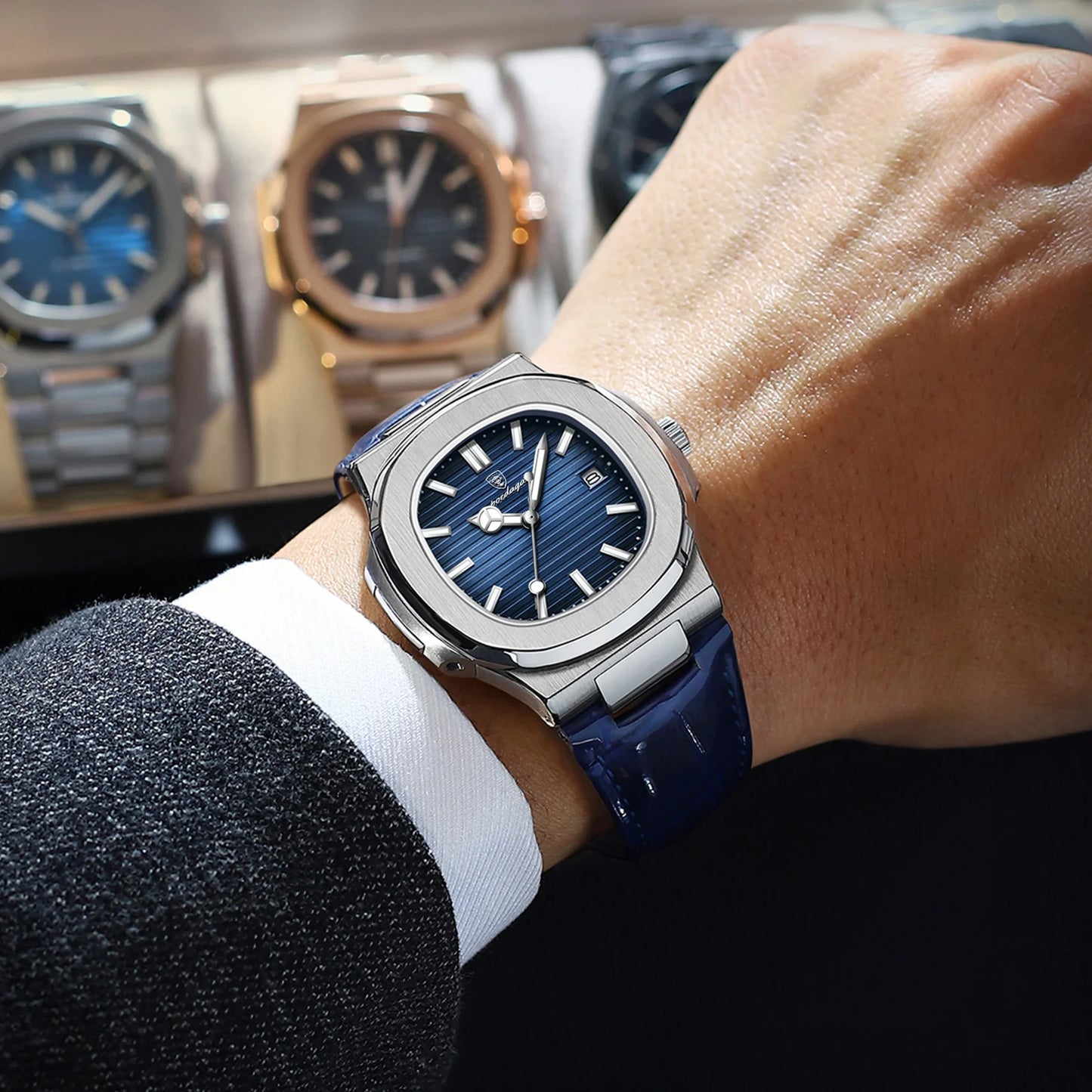 RBB Luxury Square Men’s Quartz Watch – Waterproof, Luminous, Leather Strap, Date Display + Gift Box