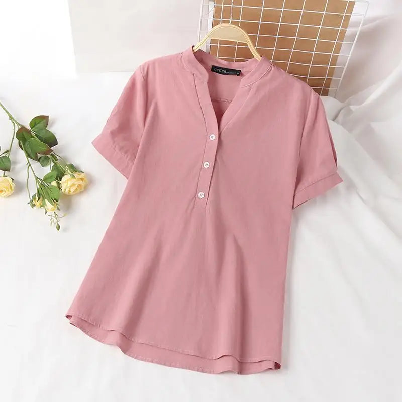 ZANZEA Summer Elegant Loose Chemise Cotton Blouse Vintage OL Work Tunic Tops Women Casual Solid Shirt V Neck Short Sleeve Blusas