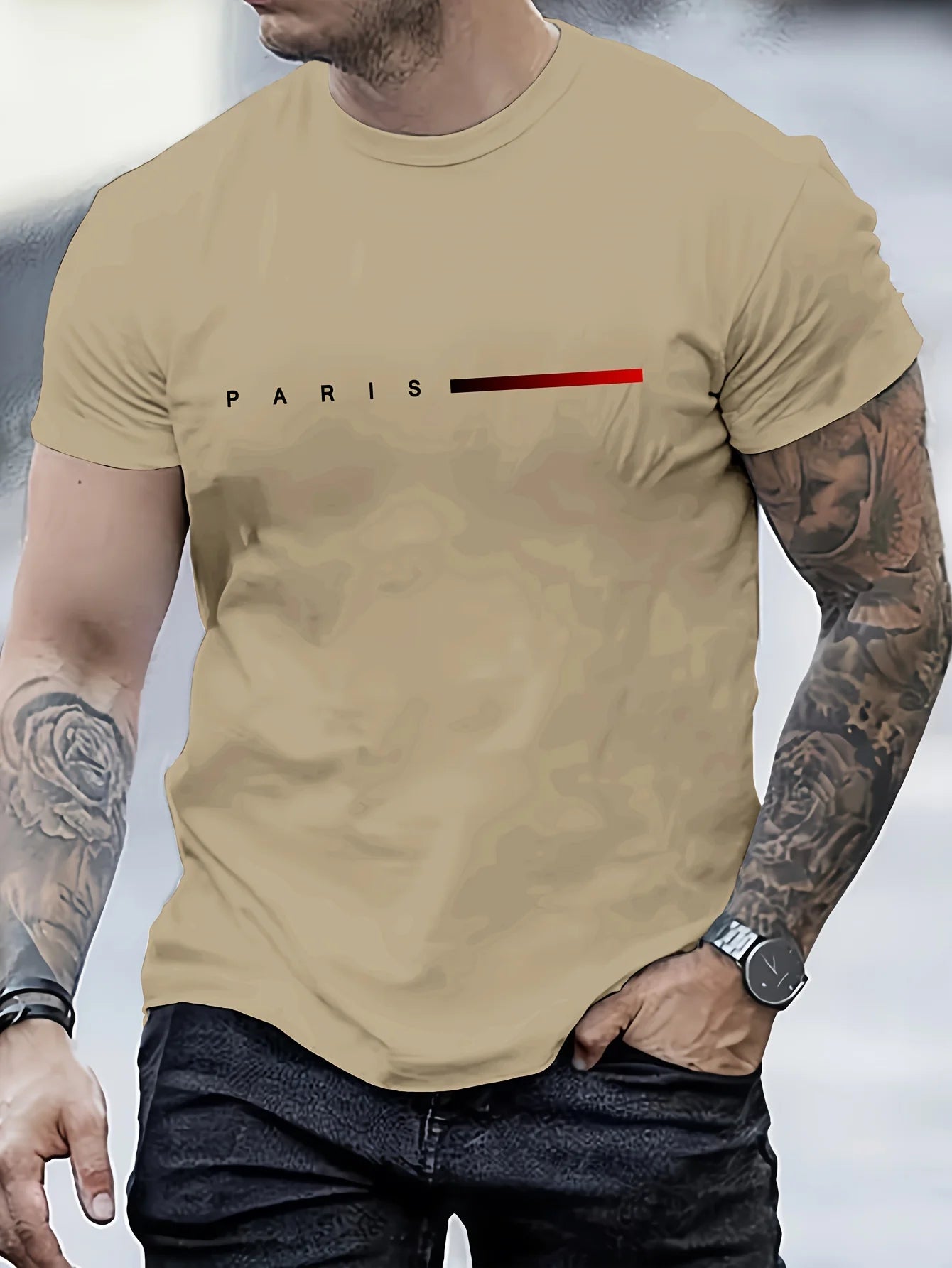 RBB Men’s 100% Cotton Summer Slim Fit PARIS Letter Print Round Neck Short Sleeve T-Shirt