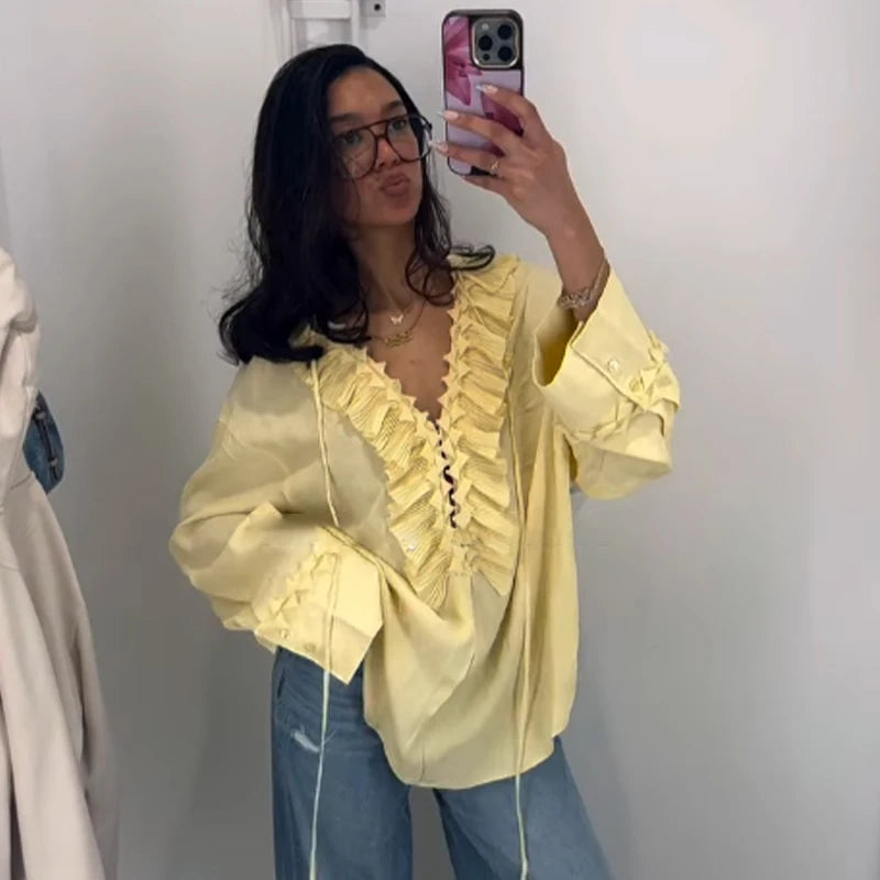 Women Casual Yellow Ruffles Tops Fashion V Neck Lace Up Long Sleeve Loose T Shirt 2025 Summer Lady High Street Commute Clothing