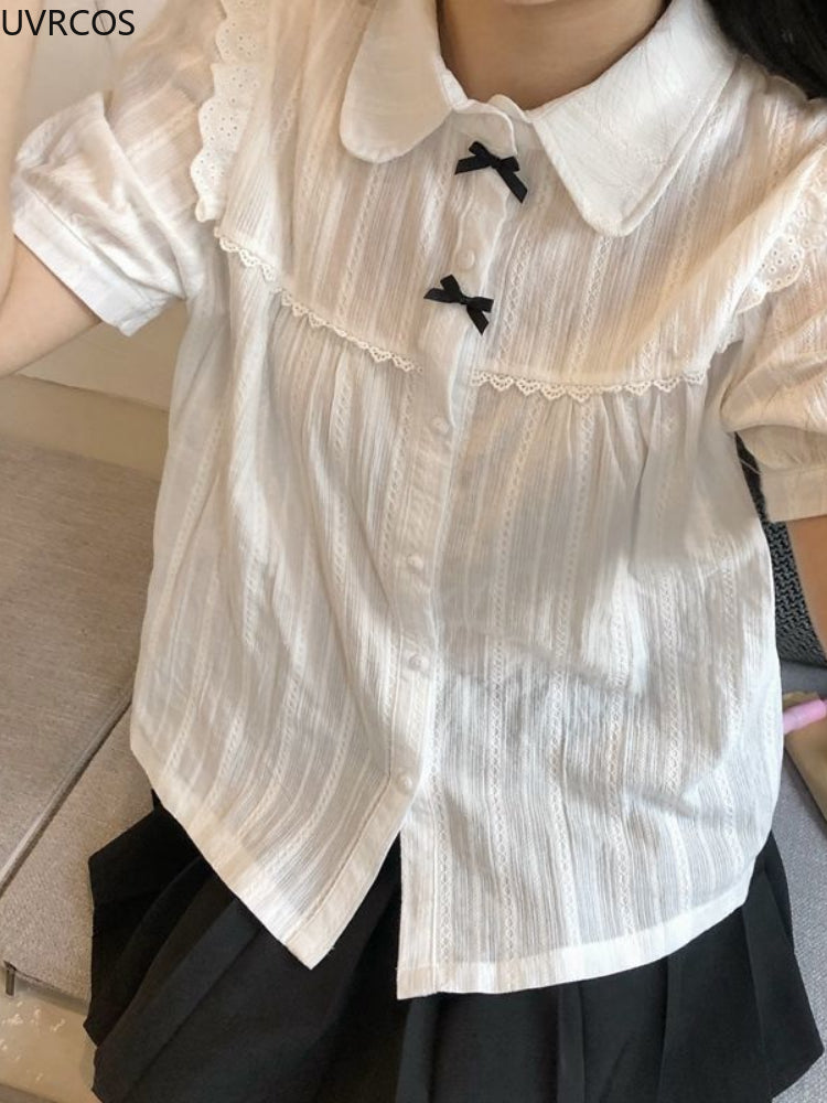 Kawaii White Lolita Lace Blouse Women Gothic Preppy Style Vintage Peter Pan Collar Short Sleeve Shirt Girl Summer Cute Top Mujer