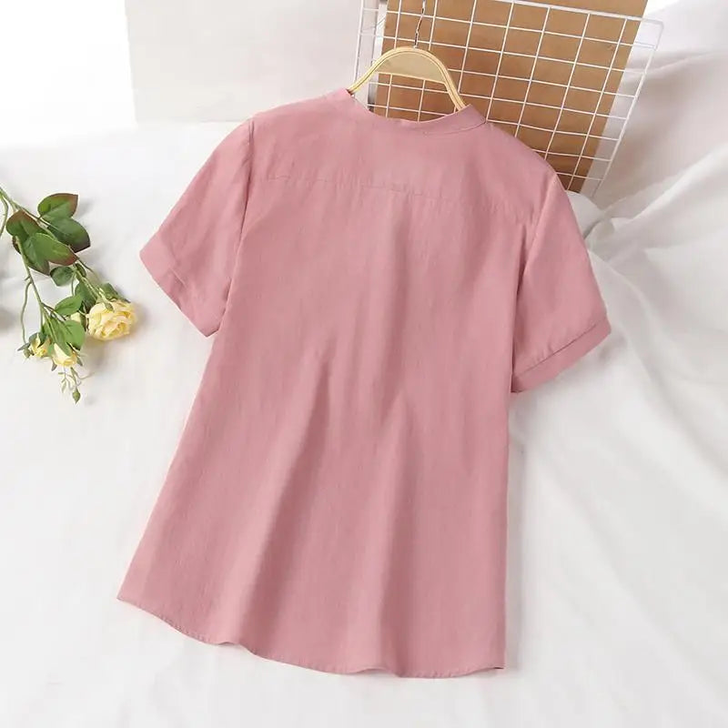 ZANZEA Summer Elegant Loose Chemise Cotton Blouse Vintage OL Work Tunic Tops Women Casual Solid Shirt V Neck Short Sleeve Blusas