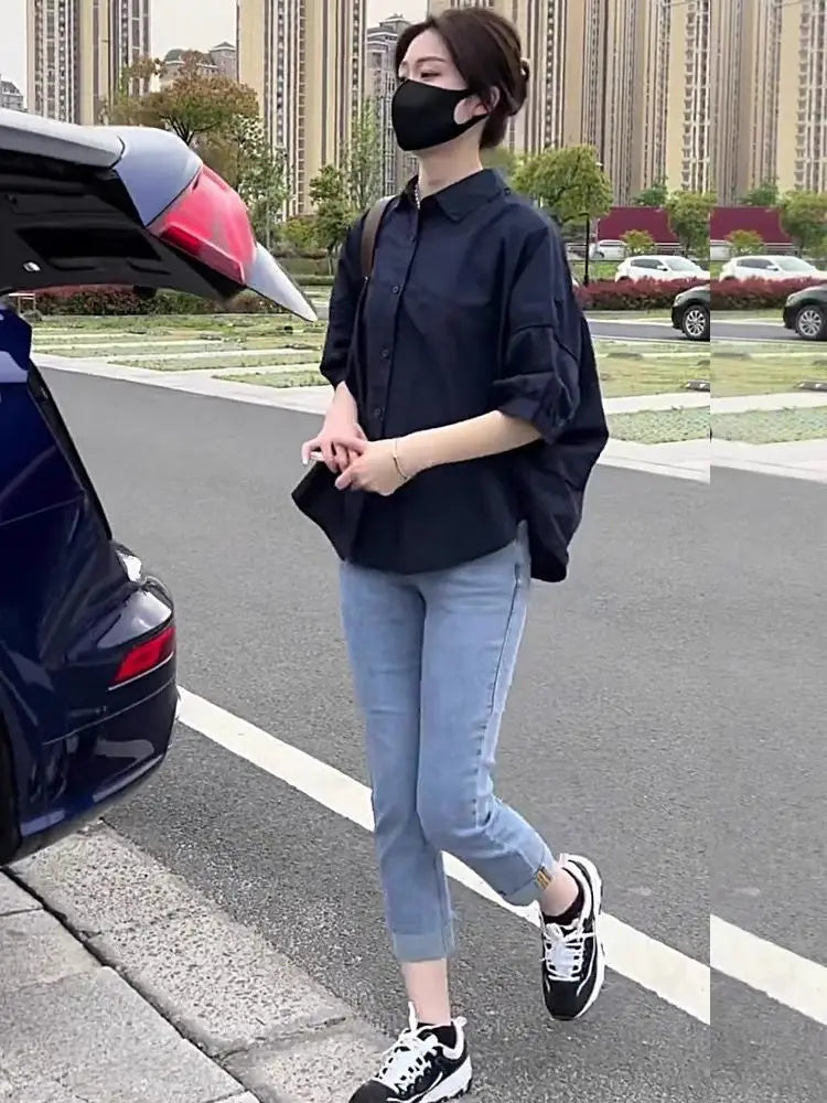 Cotton Mid-sleeve Thin Woman Blous Shir 2025 Summer New Loose Fashion Irregular Shirt Casual Vacation Top Korean Women's Clothes