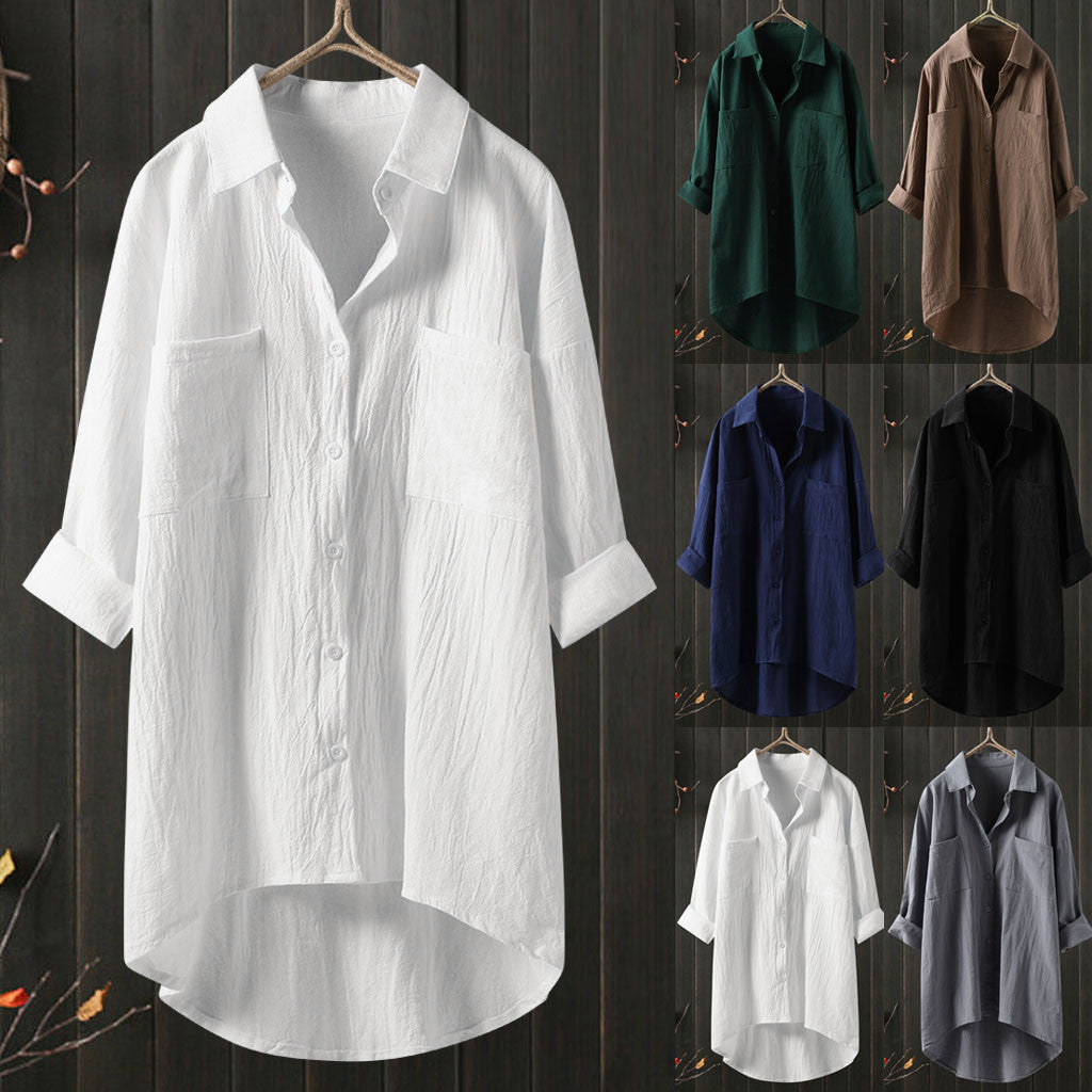 Elegant and Youth Woman Blouses Casual Home Cotton Linen Large Size Single Breasted Commuting Style Long Sleeved Shirt