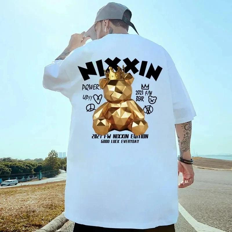 RBB Men's Large Size Cartoon Print Hip-Hop Streetwear Cotton Short Sleeve T-Shirt