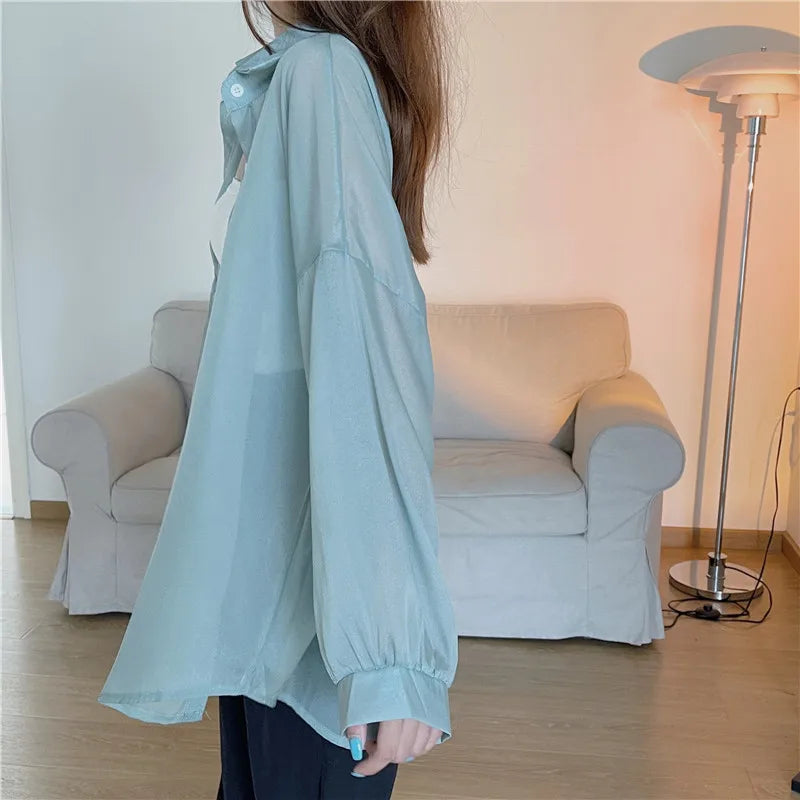 RBB Women’s Semi-Sheer Shimmer Long Sleeve Shirt – Lightweight Button-Down Collared Top for Spring/Summer