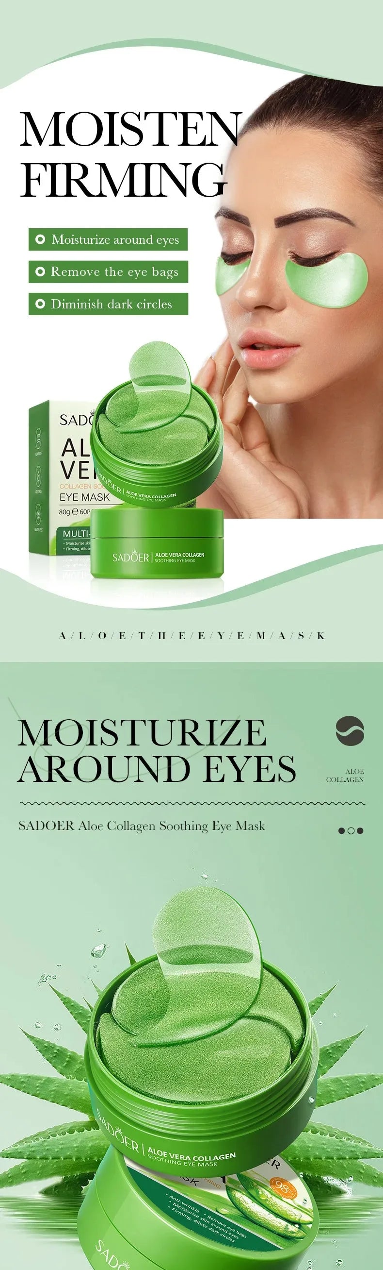 60pcs Aloe Vera Collagen Eye Mask – Anti-Dark Circles, Moisturizing & Anti-Wrinkle Eye Patches