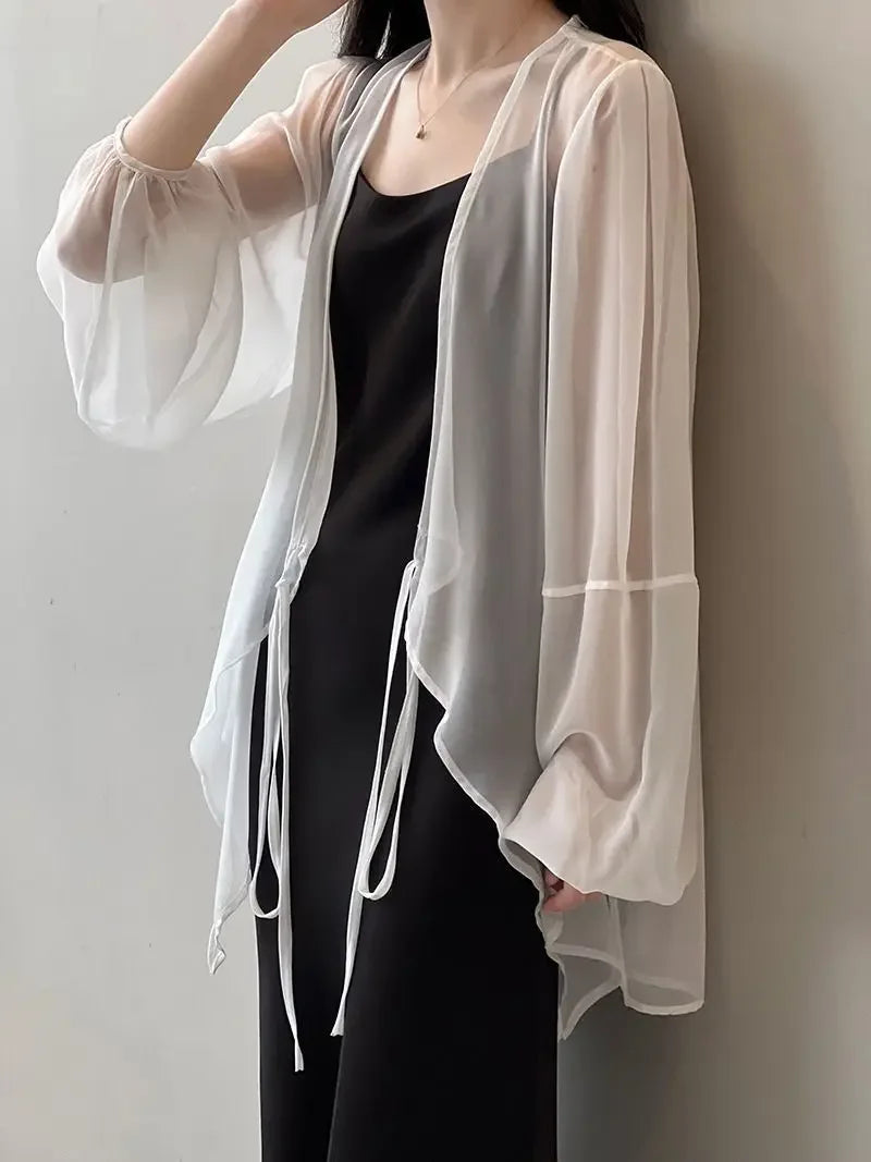 RBB Women's V-Neck Chiffon Shirt – Loose Fit Lace-Up Long Sleeve Summer Blouse