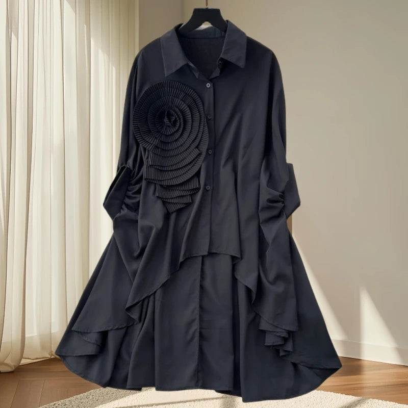 2025,New,European,Clothes,Loose,Blouse,Chic,Turndown Collar,Irregular,Three-dimensional flowers,Women,Batwing Sleeve,Tops,41293