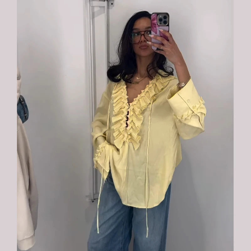 Women Casual Yellow Ruffles Tops Fashion V Neck Lace Up Long Sleeve Loose T Shirt 2025 Summer Lady High Street Commute Clothing
