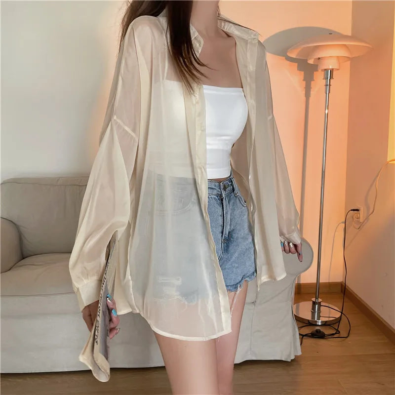 RBB Women’s Semi-Sheer Shimmer Long Sleeve Shirt – Lightweight Button-Down Collared Top for Spring/Summer