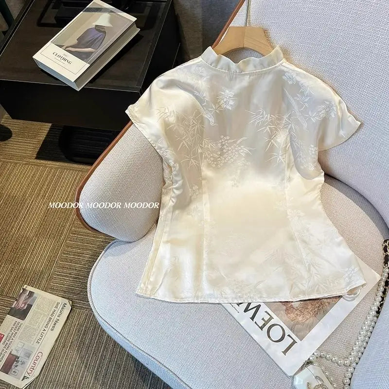 New Chinese Style Women Short Sleeve Printed Stand-Up Collar Shirt Temperament Elegant Women's Shirt Retro Summer Light Soft Top