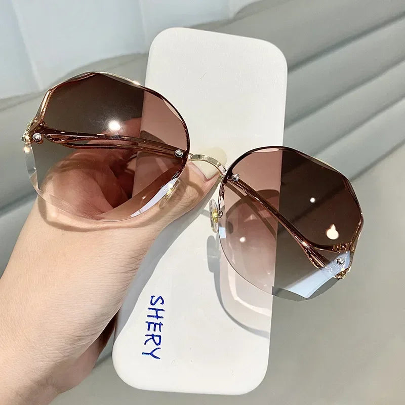 RBB Irregular Rimless Round Sunglasses for Women – Gradient Fashion Designer Shades