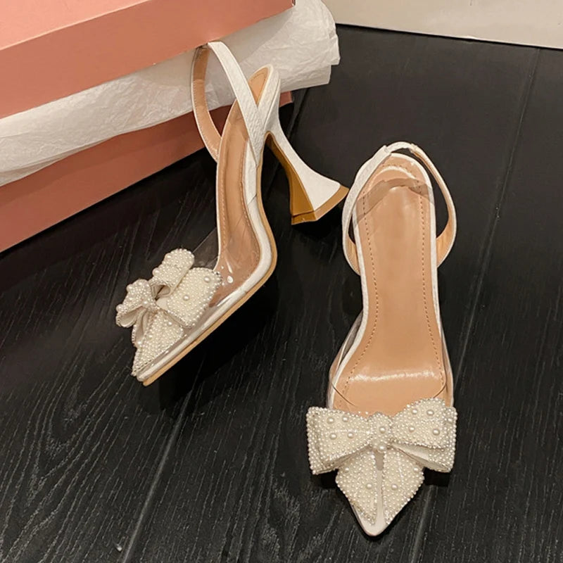 RBB Women's Transparent PVC High Heels with Pearl Bow – Pointed Toe Wedding & Party Pumps