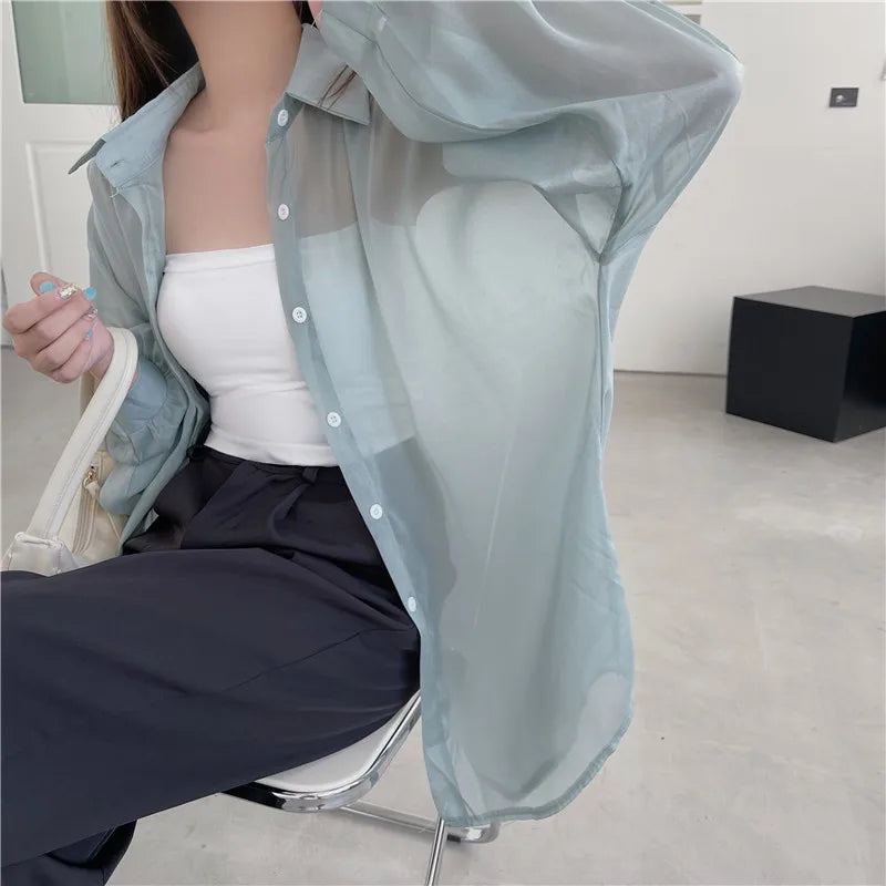 RBB Women’s Semi-Sheer Shimmer Long Sleeve Shirt – Lightweight Button-Down Collared Top for Spring/Summer