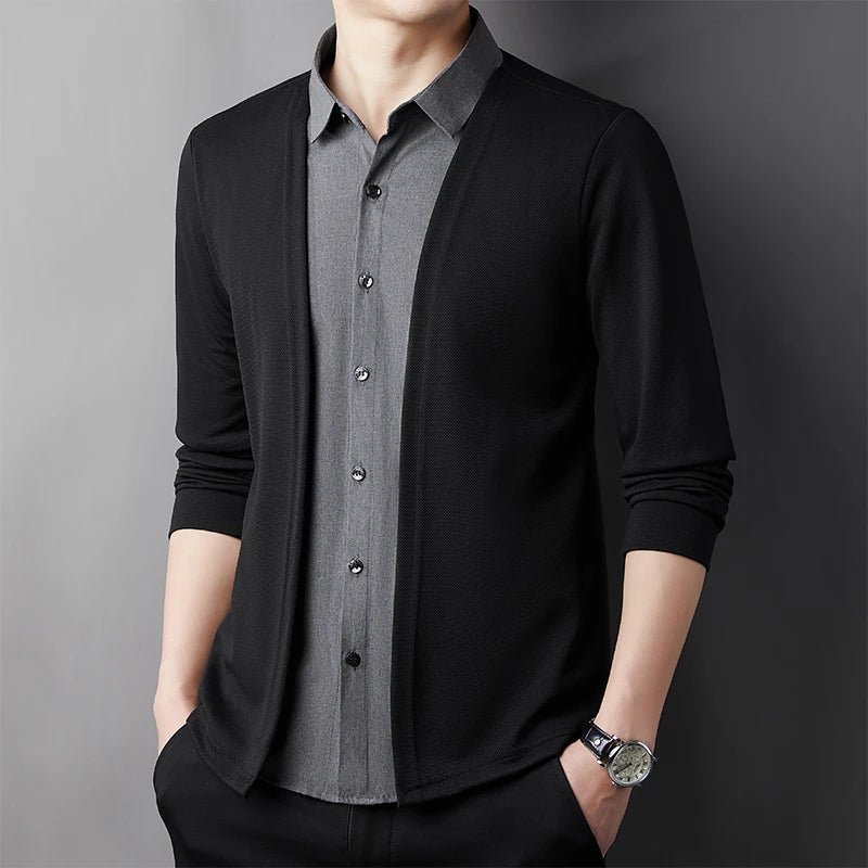 RBB Men’s Casual Long Sleeve Two-Piece Style Shirt – Comfortable Korean Fashion