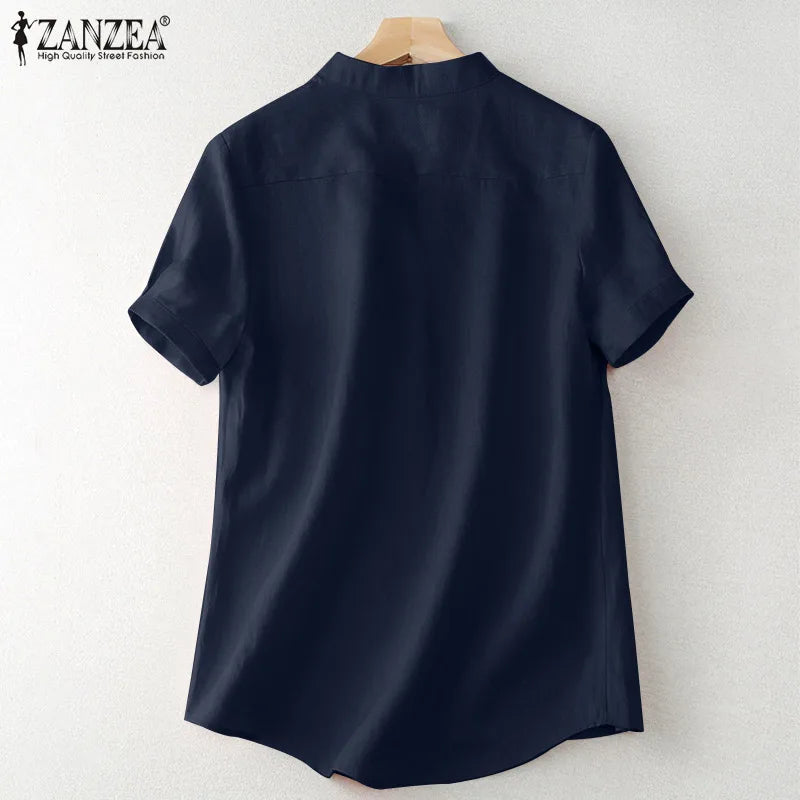 ZANZEA Summer Elegant Loose Chemise Cotton Blouse Vintage OL Work Tunic Tops Women Casual Solid Shirt V Neck Short Sleeve Blusas