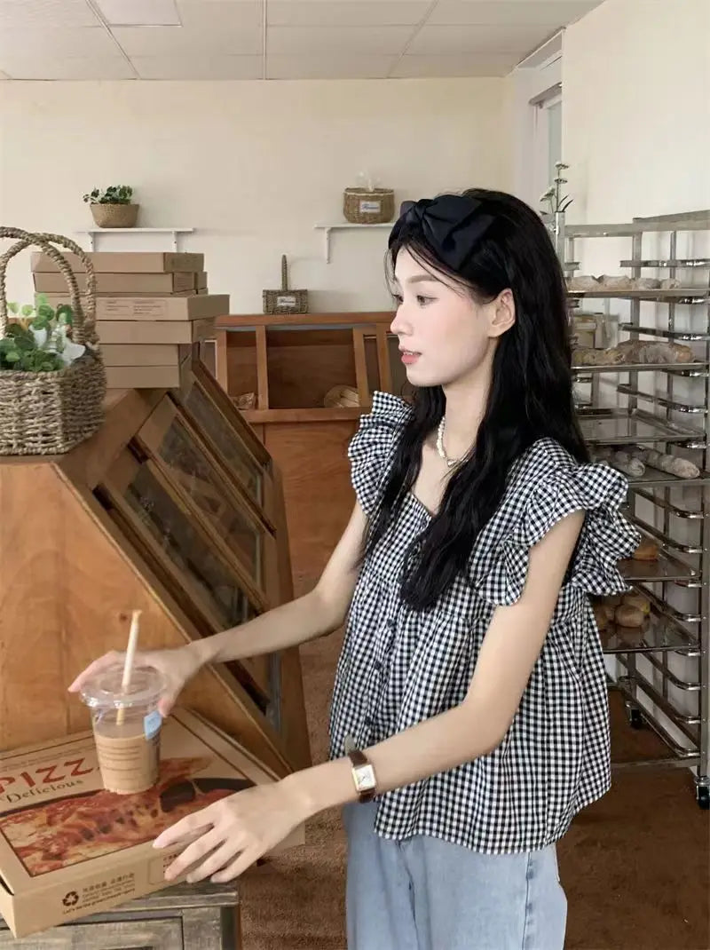 Women's Korean Style Cotton Summer Shirt - Breathable Square Neck Checkered Cute Loose Top with Small Flutter Sleeve