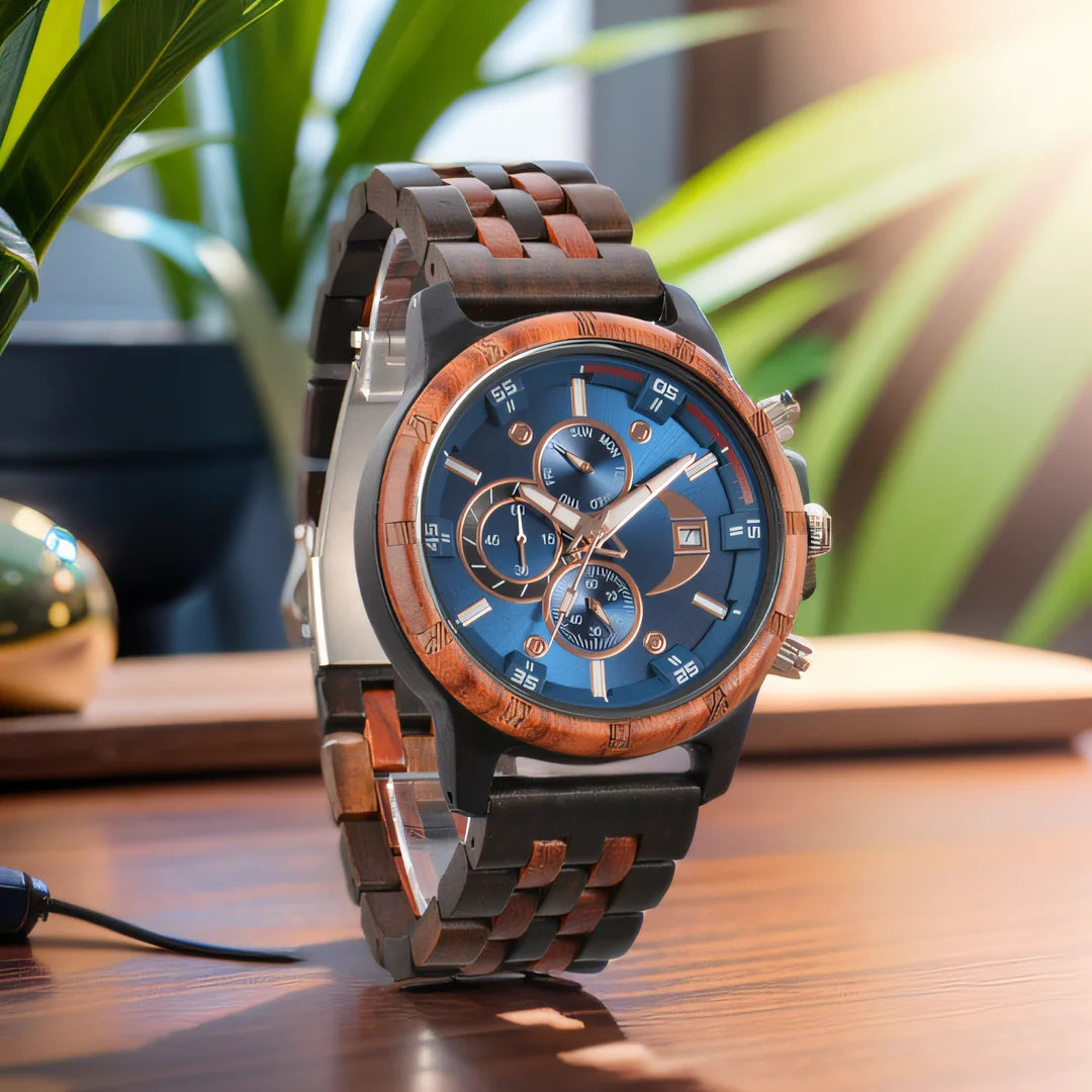 RBB Men’s Wooden Quartz Watch – Date & Week Display with Gift Box