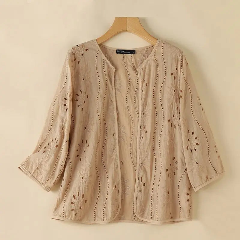 ZANZEA Women Fashion Hollow Out Embroidered Cardigan Shirts Autumn 2025 Elegant 3/4 Sleeve Kimonos Casual Holiday Cover-up Tops