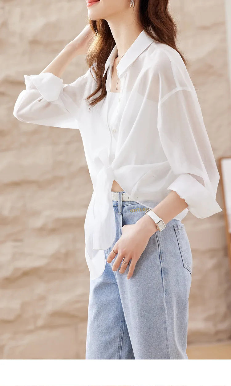 SENTUBILA Sheer Knot Shirts Women 2025 Elegant Casuals Long Drop Sleeve Button Up Shirts & Blouses Female Clothes 132C48674