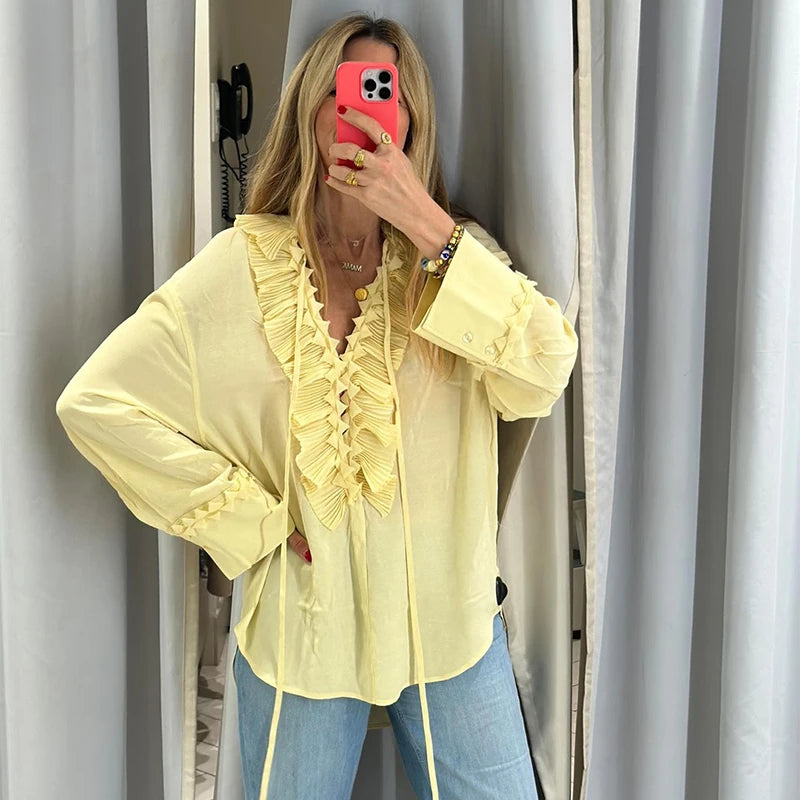 Women Casual Yellow Ruffles Tops Fashion V Neck Lace Up Long Sleeve Loose T Shirt 2025 Summer Lady High Street Commute Clothing