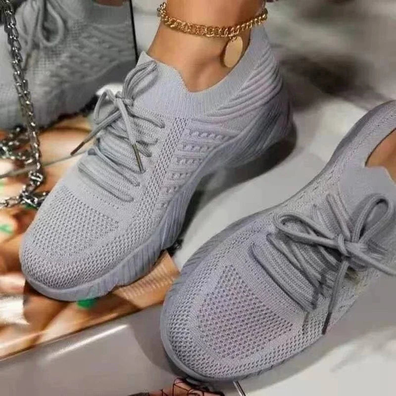Women’s Breathable Mesh Casual Sneakers – Lace-Up Vulcanized Platform Shoes, Plus Sizes