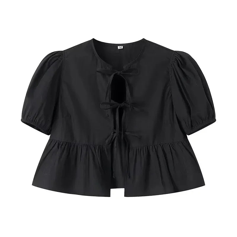 RBB Women's Ruffle Puff Sleeve Blouse – Ruched Crop Top Shirt (White & Black)
