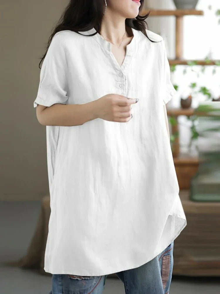 2024 Summer Fashion Cotton and Hemp Women's Shirt Commuting Style Casual Half Open Short Sleeve Casual Shirt Top