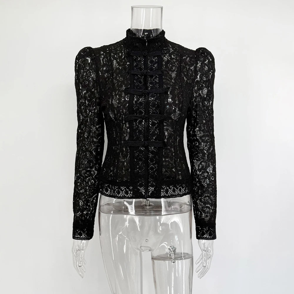 Tuularose Luxury Lace Blouse Fashion Lace Print Single Breasted Slim Shirt Vintage Elegant Party Looks Summer Women Blouse Tops