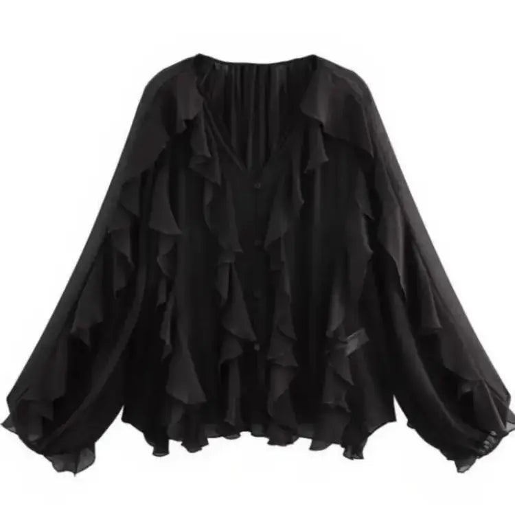 RBB Women's Summer V-Neck Ruffle Blouse – Sheer Tiered Button-Front Beach Top