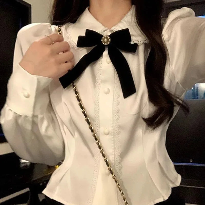 White Bow Shirts Women Sweet Preppy Kawaii Lace Patchwork Blouses Lolita Korean Elegant Peter Pan Collar Long Sleeve Crop Tops