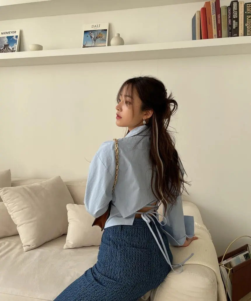 Chic Chiffon Shirts Women Criss-cross Drawstring Backless Trendy Design Turn-down Collar Single Breasted Ladies Solid Crop Tops