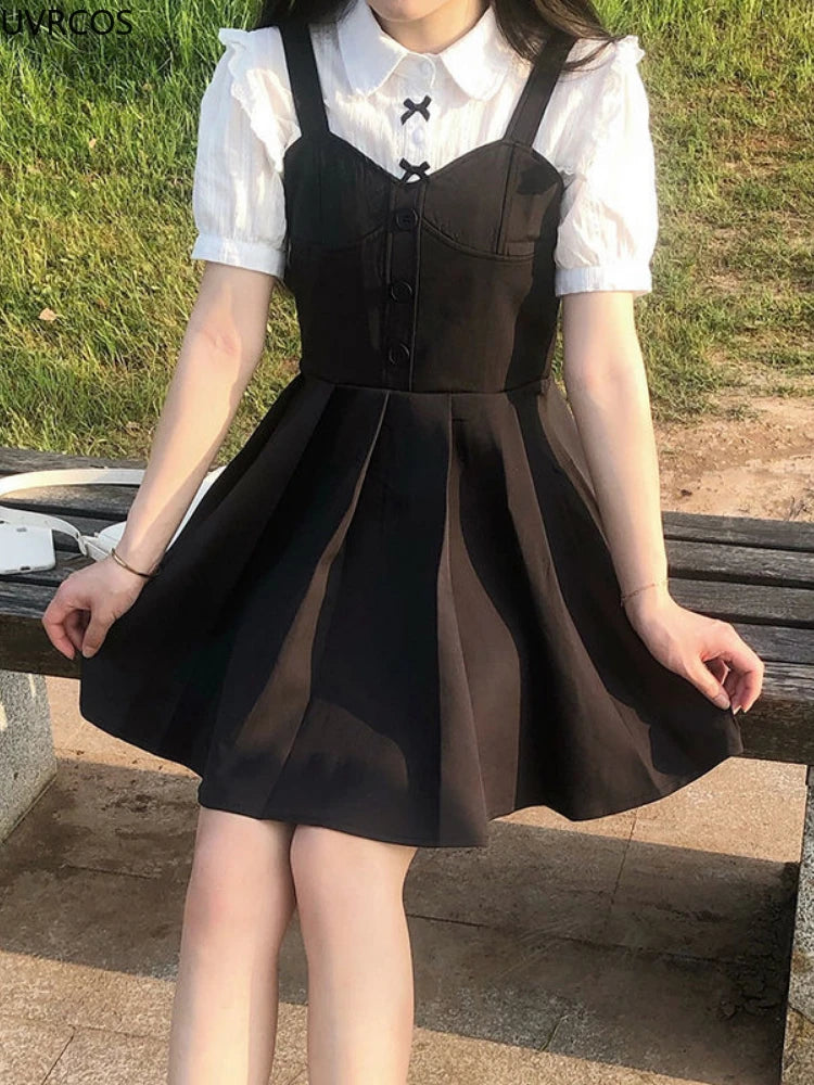 Kawaii White Lolita Lace Blouse Women Gothic Preppy Style Vintage Peter Pan Collar Short Sleeve Shirt Girl Summer Cute Top Mujer